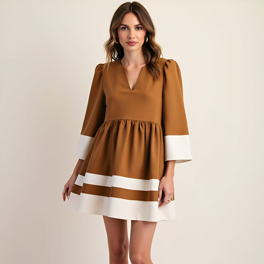 Fit and Flare Mini Dress with Cuffed Sleeves, Contrast Trim and V-Neck