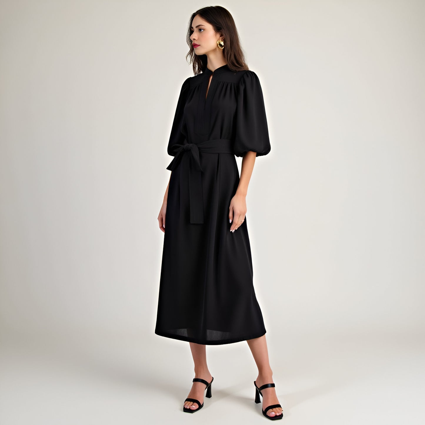 Belted Midi Dress with Puff Elbow Sleeves and Front Keyhole Detail