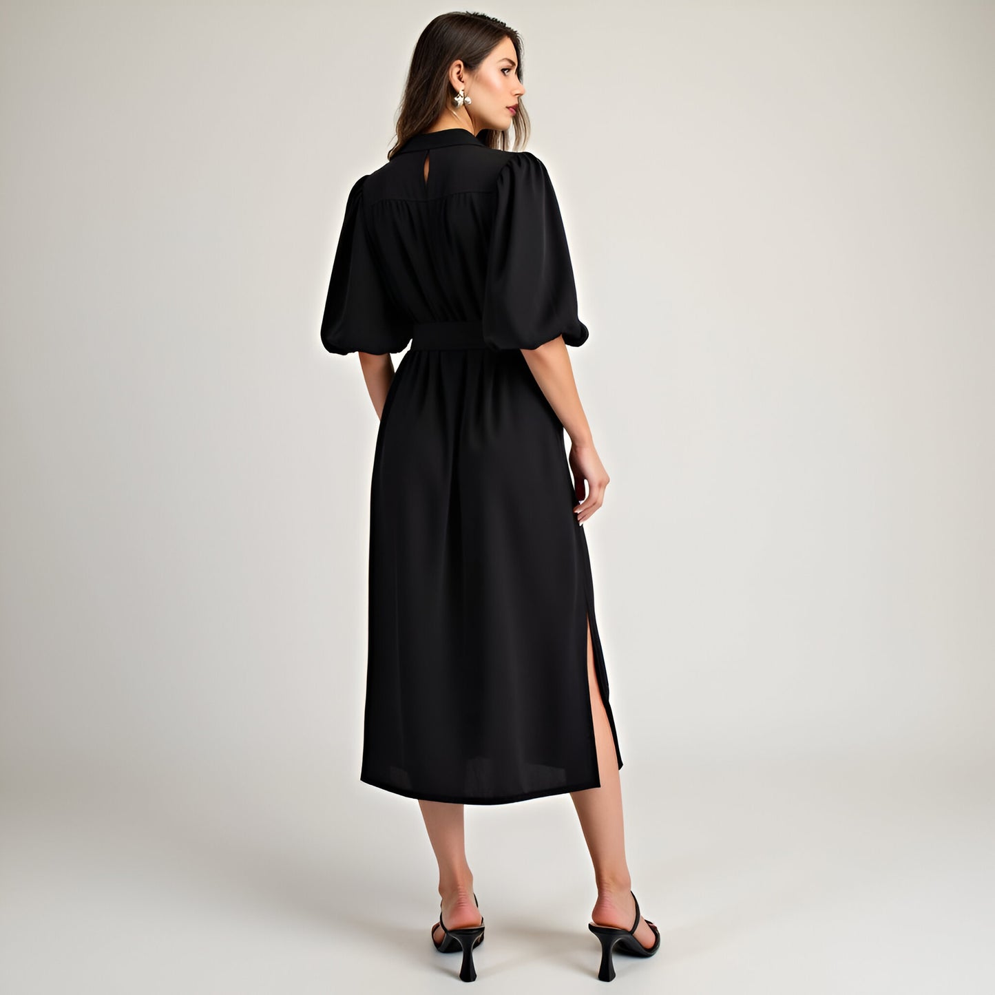 Belted Midi Dress with Puff Elbow Sleeves and Front Keyhole Detail