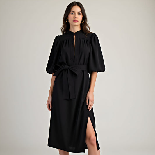Belted Midi Dress with Puff Elbow Sleeves and Front Keyhole Detail
