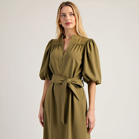Belted Midi Dress with Puff Elbow Sleeves and Keyhole Neckline