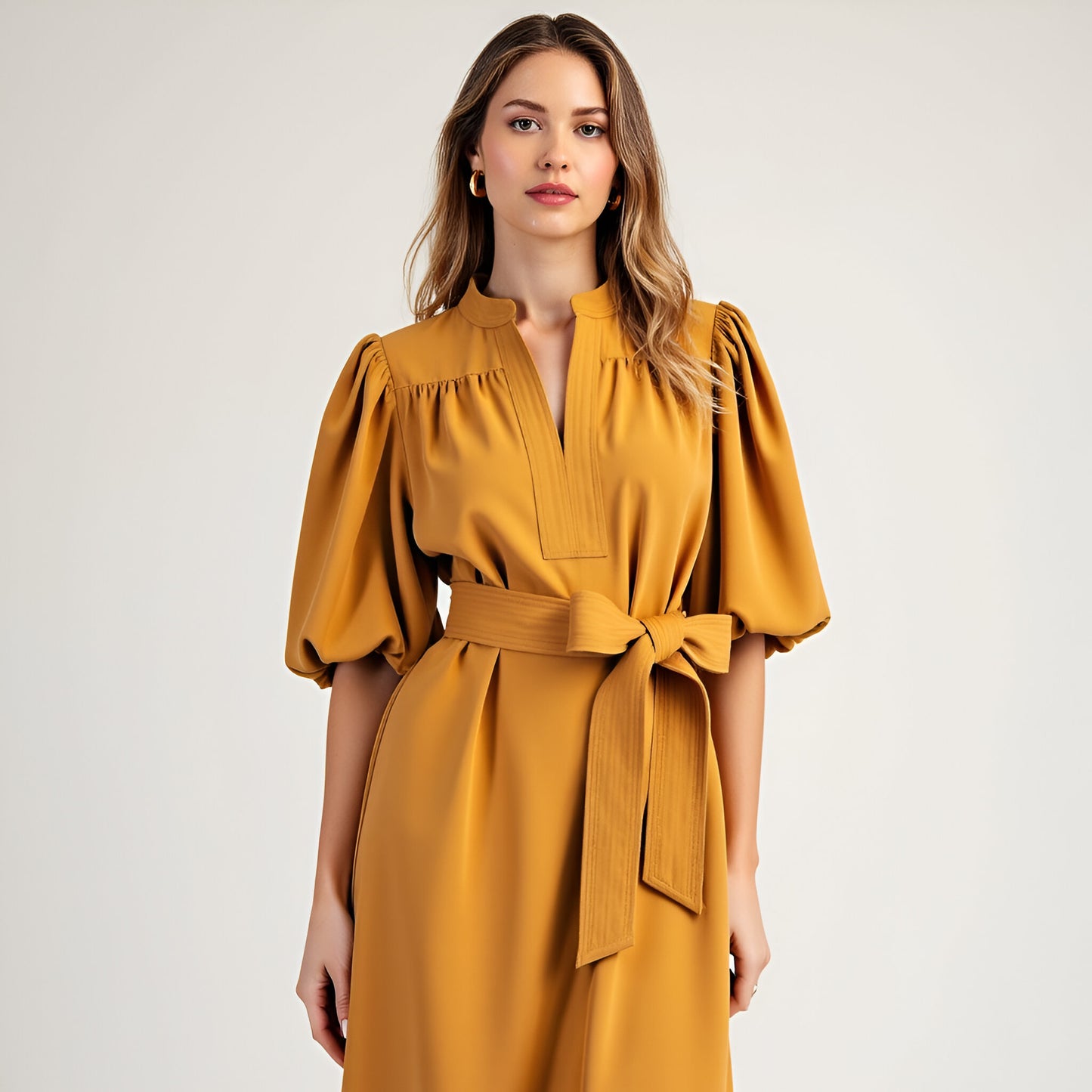 Belted Midi Dress with Puff Elbow Sleeves and Keyhole Neckline