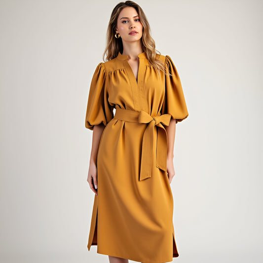 Belted Midi Dress with Puff Elbow Sleeves and Keyhole Neckline