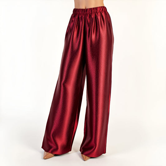 Wide Leg Satin Pants with Elastic Waist and Flowing Full-Length Fit