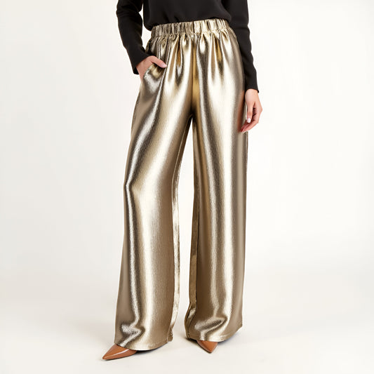 Wide Leg Satin Pants with Elastic Waist and Flowing Full-Length Fit