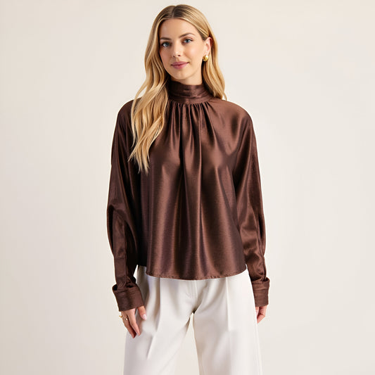 Satin Long Sleeve Blouse with Gathered Neckline and Tie Back Bow