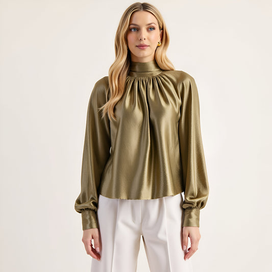 Satin Long Sleeve Blouse with Gathered Neckline and Tie Back Bow