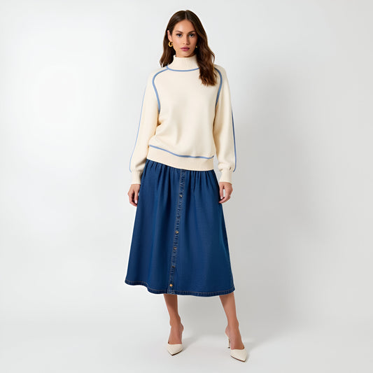 Mock Neck Sweater with Blue Contrast Trim and Raglan Balloon Sleeves