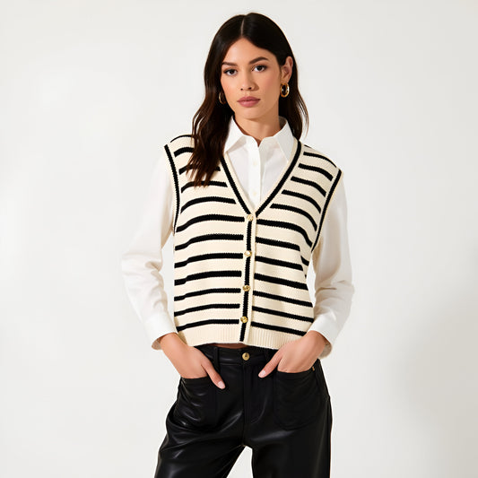 Striped Knit Sweater Vest with Gold Button Front and Deep V-Neckline