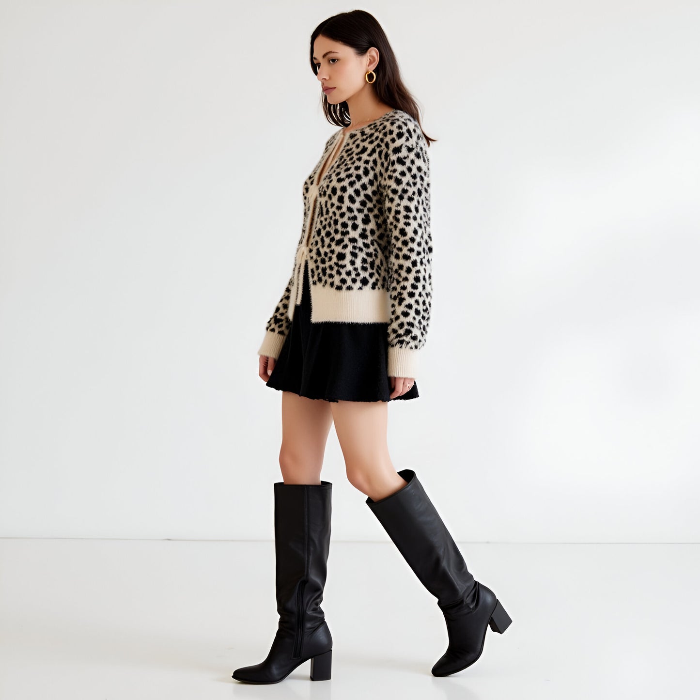 Leopard Fuzzy Cardigan with Tie Front and Contrast Hem Detailing