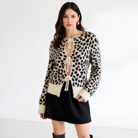 Leopard Fuzzy Cardigan with Tie Front and Contrast Hem Detailing
