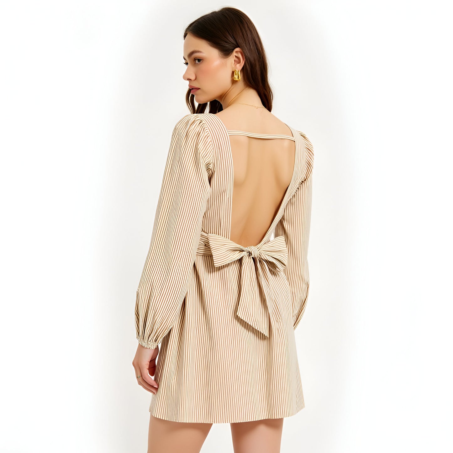 Striped Mini Dress with Square Neckline, Puff Sleeves and Back Bow Detail
