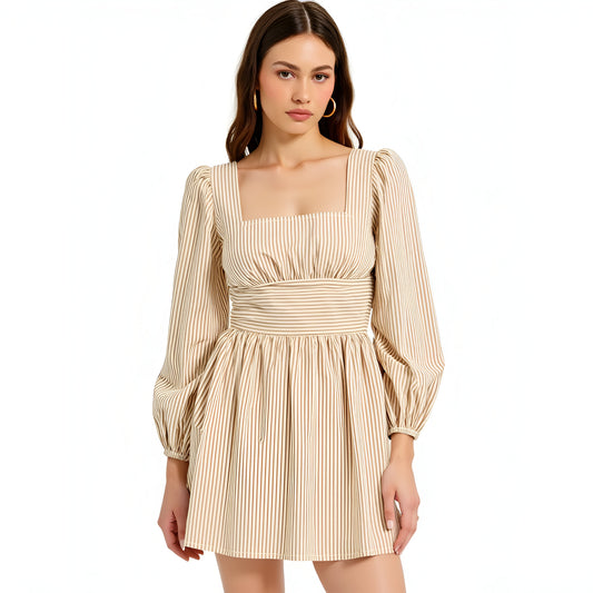 Striped Mini Dress with Square Neckline, Puff Sleeves and Back Bow Detail