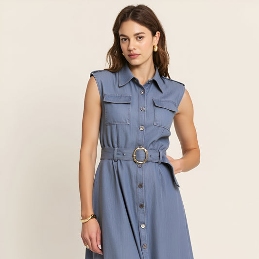 Belted A-Line Midi Dress with Shoulder Button Details and Multiple Pockets