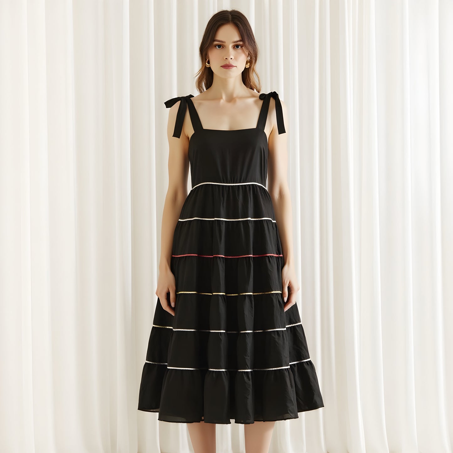 Tiered Midi Dress with Contrast Stitching and Tie Shoulder Straps