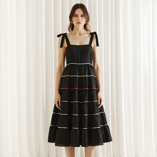 Tiered Midi Dress with Contrast Stitching and Tie Shoulder Straps