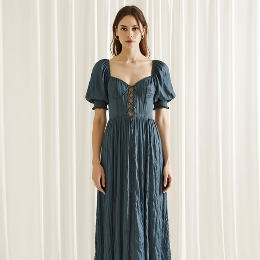 Puff Sleeve Midi Dress with Sweetheart Neckline and Button Front
