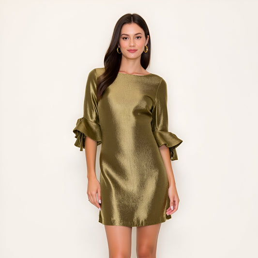 Satin Shift Dress with Ruffle Three-Quarter Sleeves