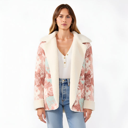 Floral Patchwork Fleece Jacket with Plush Sherpa Trim and Oversized Hood