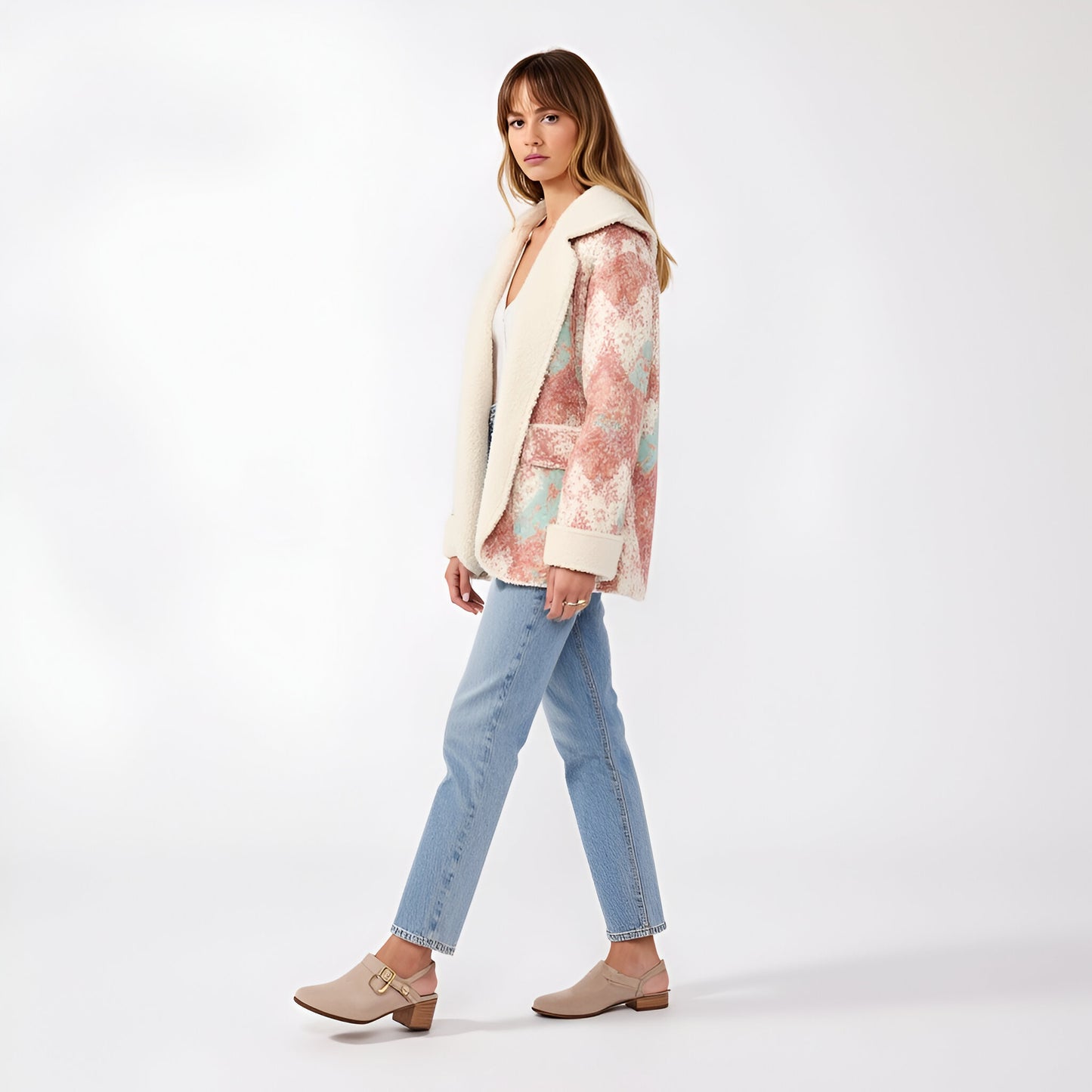 Floral Patchwork Fleece Jacket with Plush Sherpa Trim and Oversized Hood