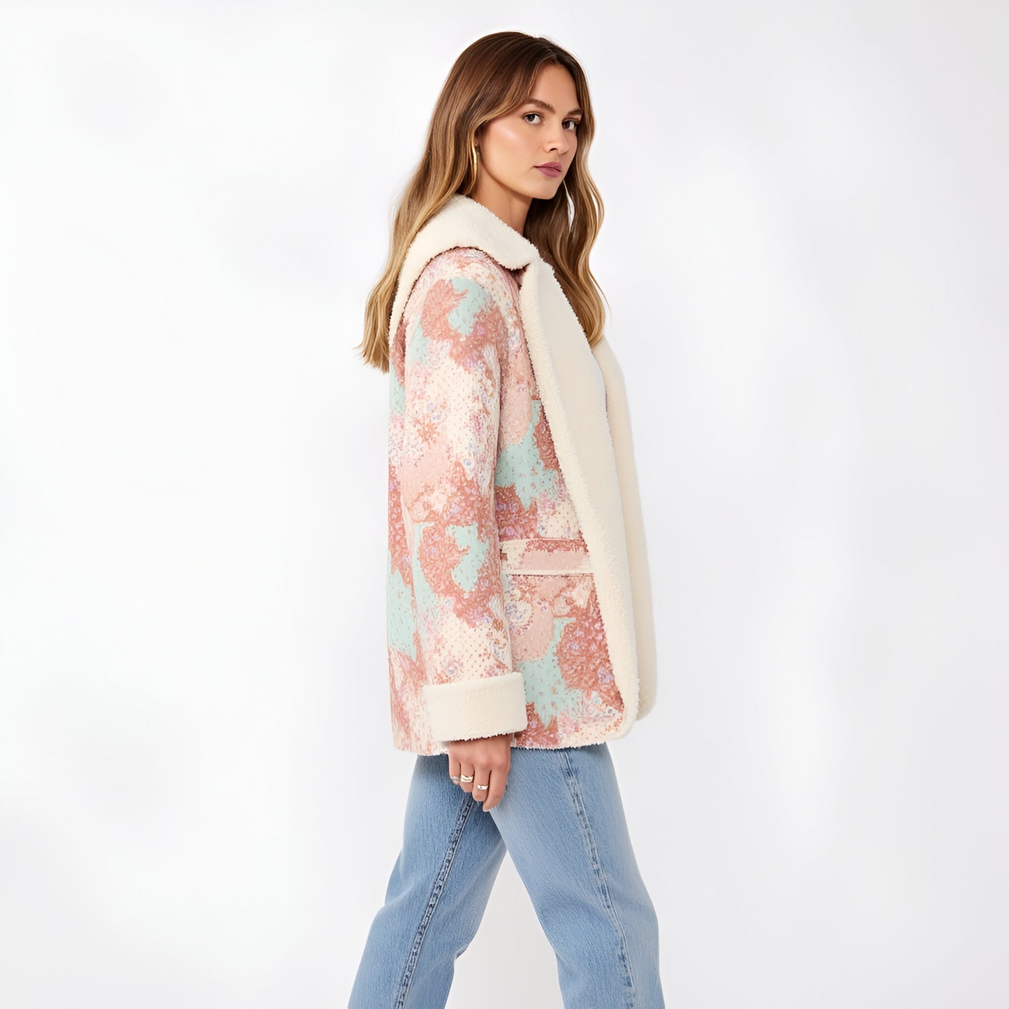 Floral Patchwork Fleece Jacket with Plush Sherpa Trim and Oversized Hood
