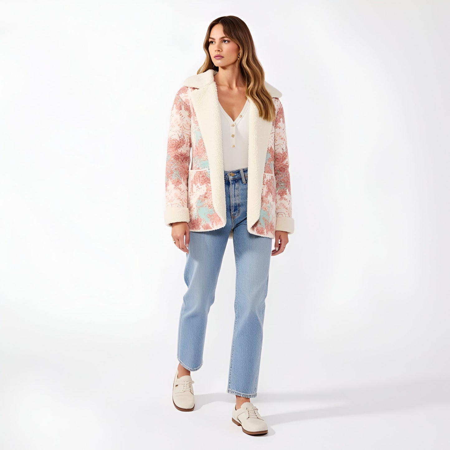 Floral Patchwork Fleece Jacket with Plush Sherpa Trim and Oversized Hood