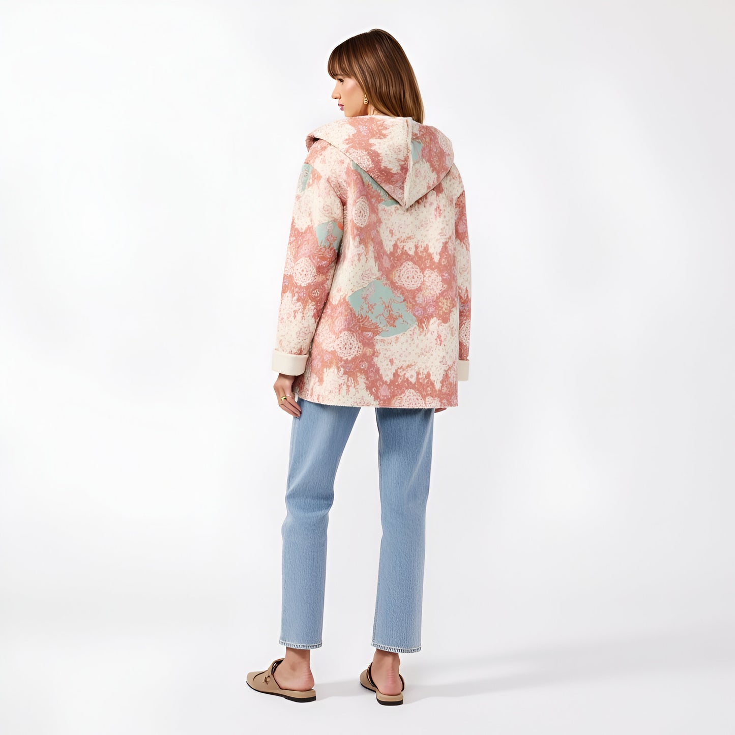 Floral Patchwork Fleece Jacket with Plush Sherpa Trim and Oversized Hood