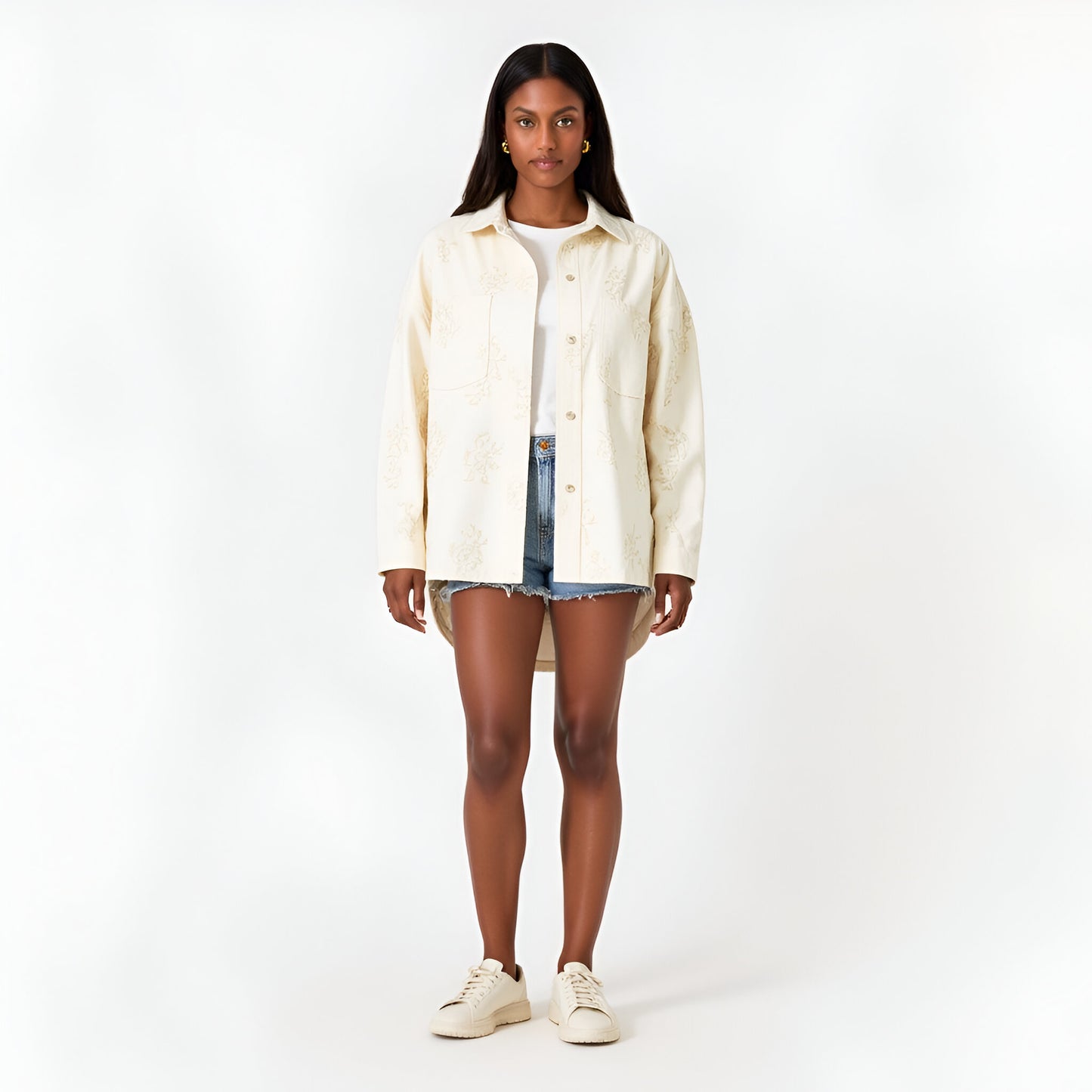 Embroidered Cotton Shirt Jacket with Chest Pocket and Relaxed Drop Shoulders