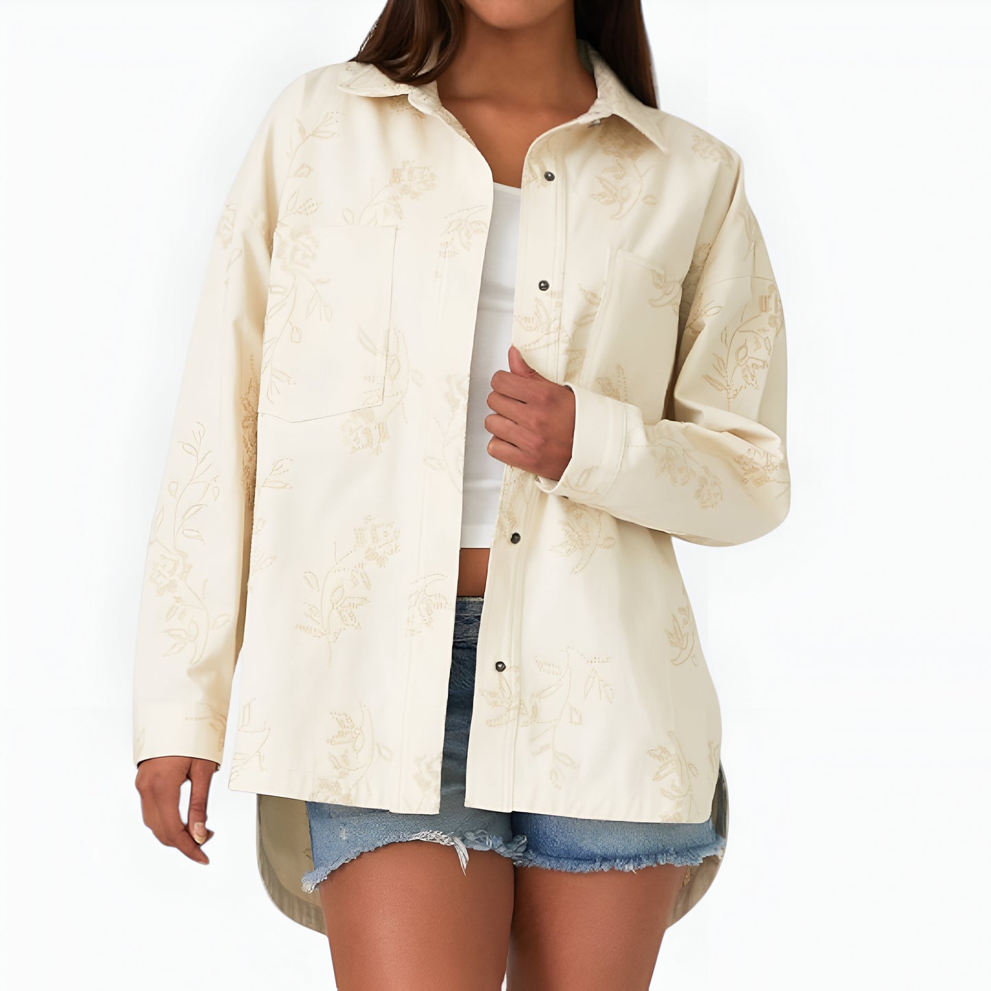 Embroidered Cotton Shirt Jacket with Chest Pocket and Relaxed Drop Shoulders