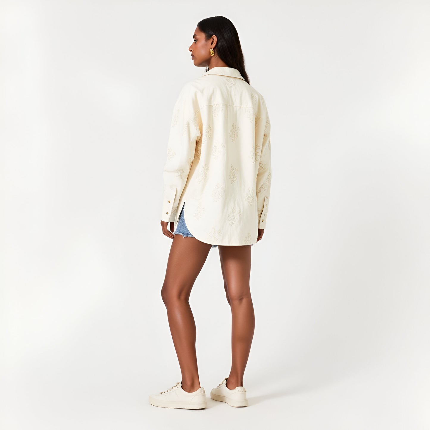 Embroidered Cotton Shirt Jacket with Chest Pocket and Relaxed Drop Shoulders