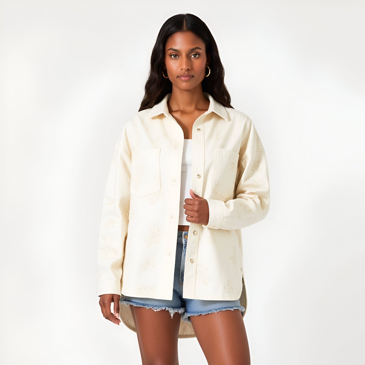 Embroidered Cotton Shirt Jacket with Chest Pocket and Relaxed Drop Shoulders