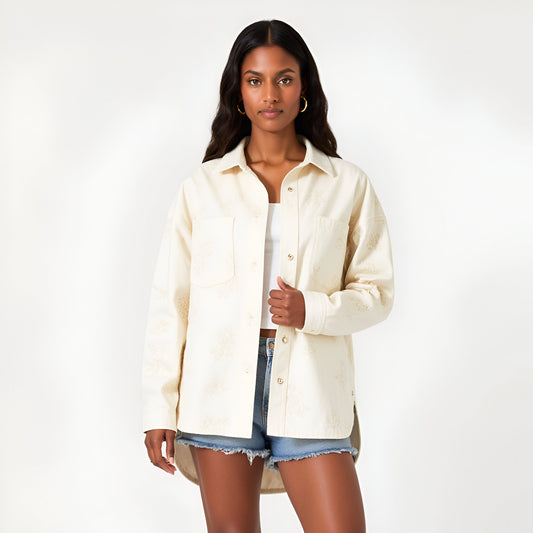 Embroidered Cotton Shirt Jacket with Chest Pocket and Relaxed Drop Shoulders
