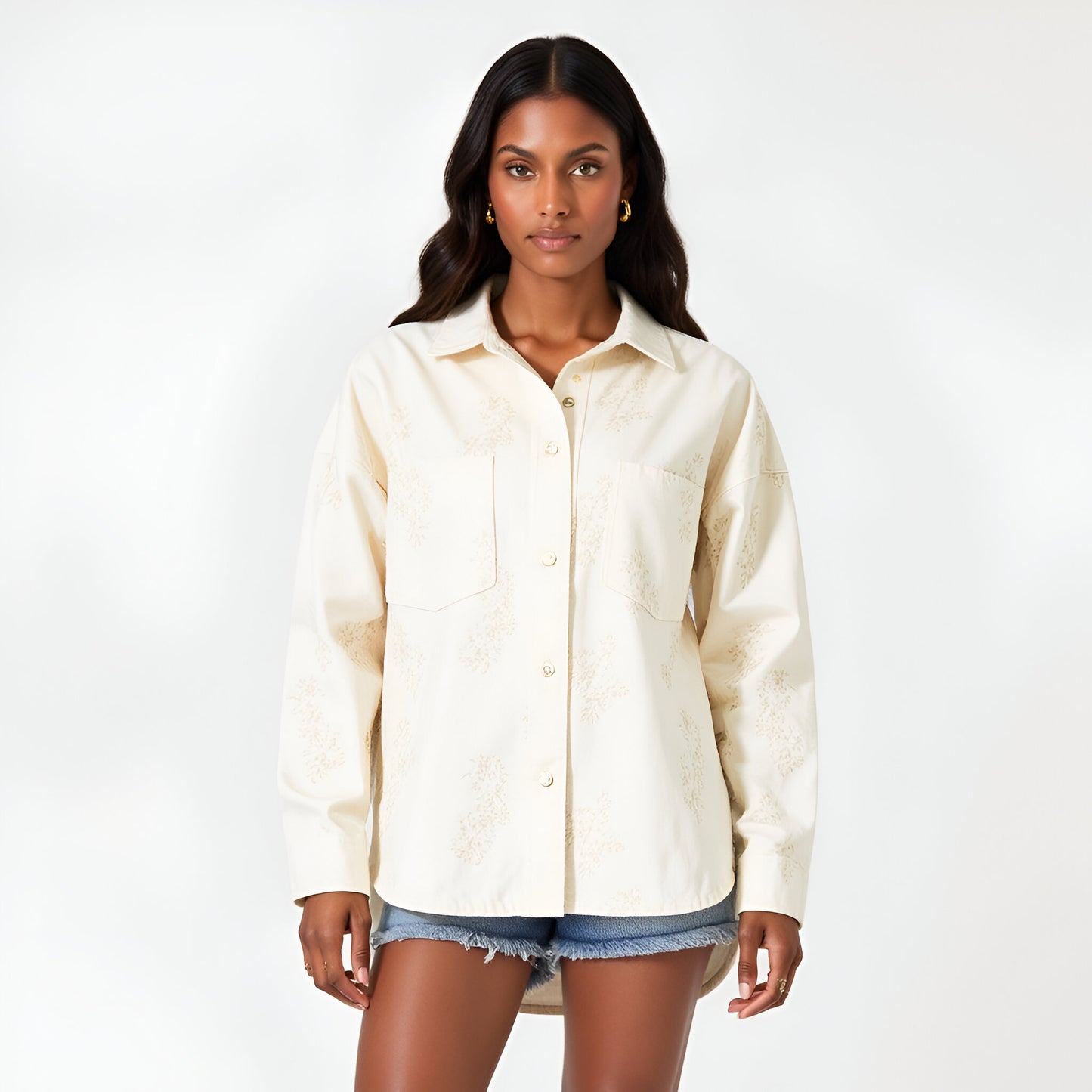 Embroidered Cotton Shirt Jacket with Chest Pocket and Relaxed Drop Shoulders