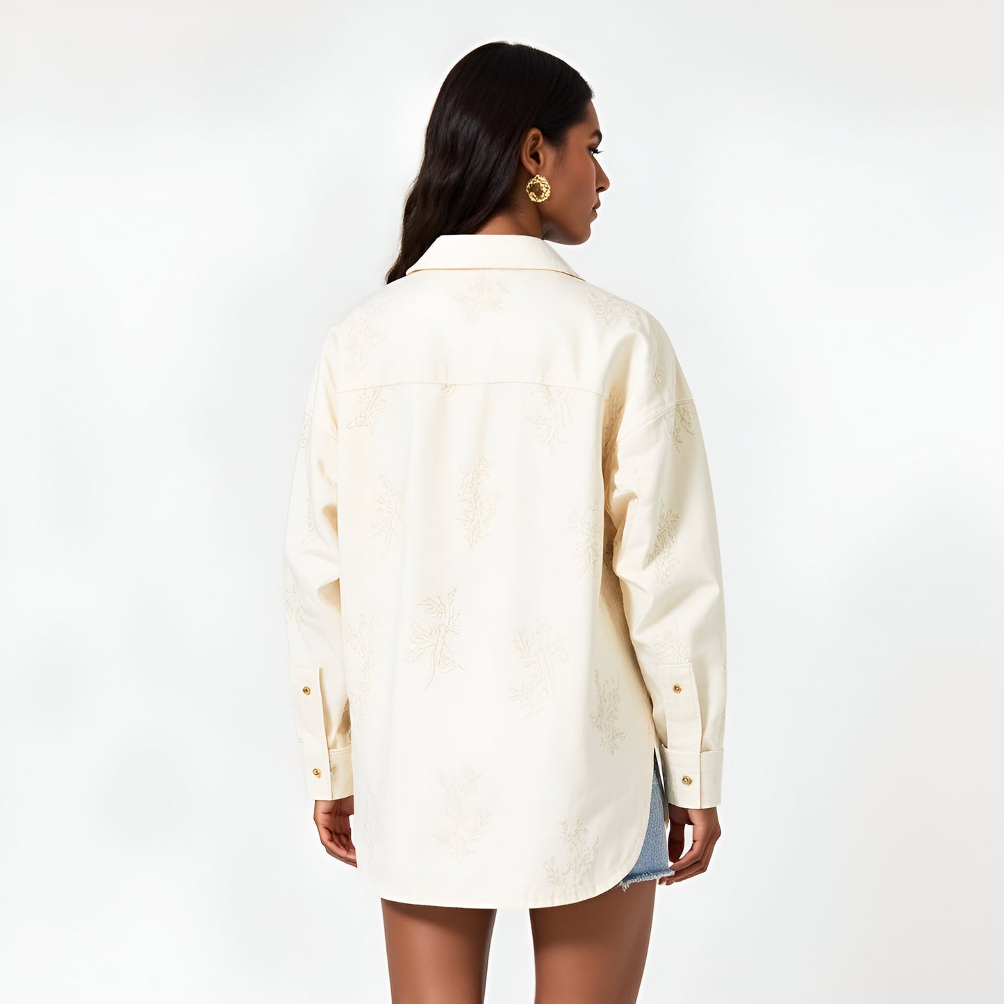 Embroidered Cotton Shirt Jacket with Chest Pocket and Relaxed Drop Shoulders