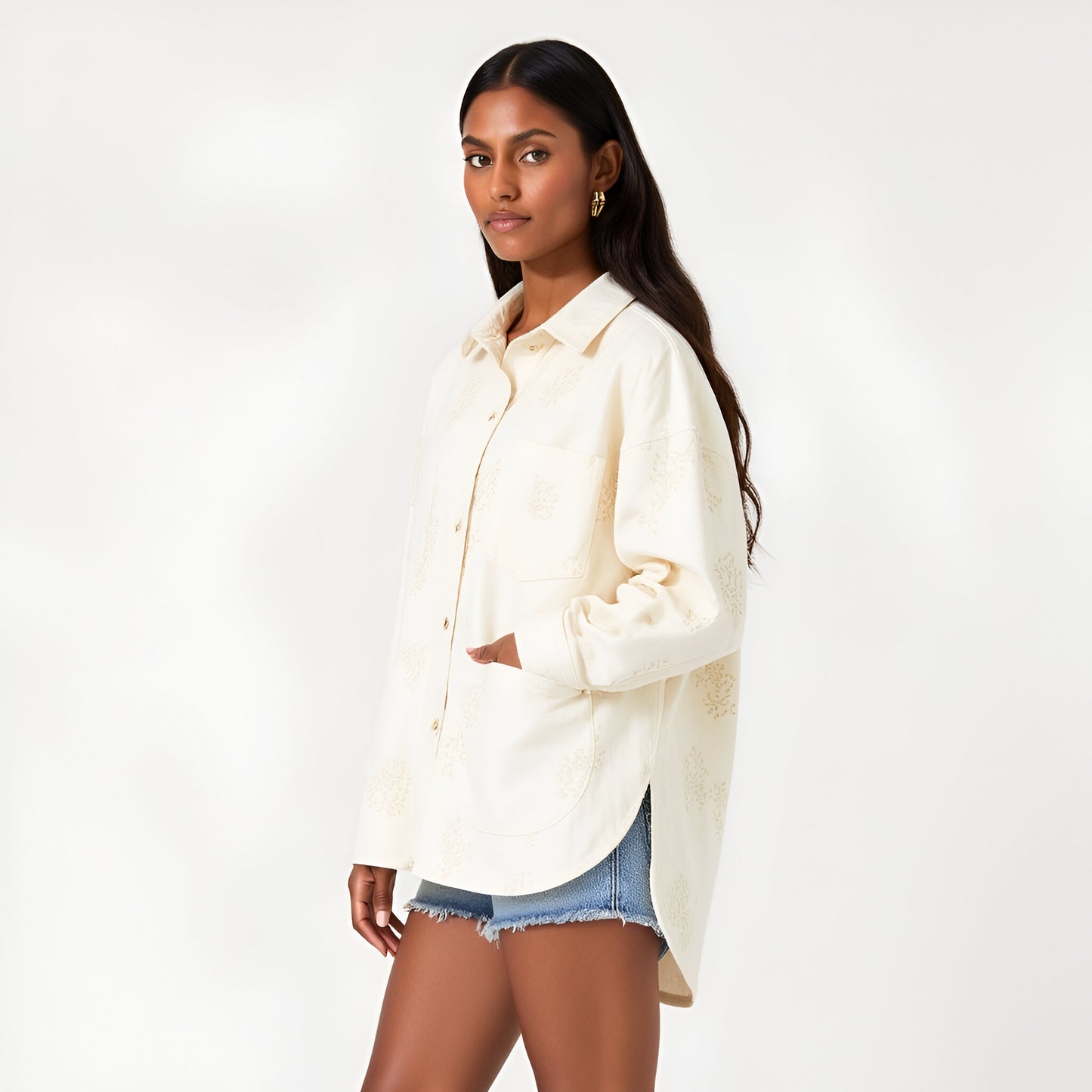 Embroidered Cotton Shirt Jacket with Chest Pocket and Relaxed Drop Shoulders