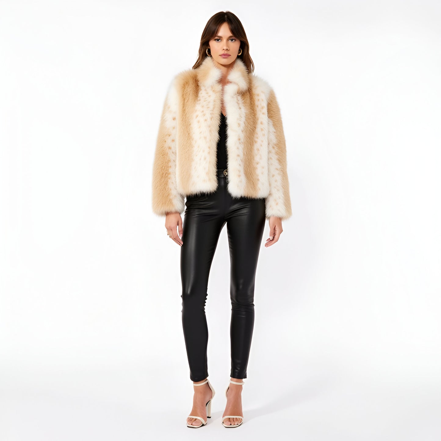 Plush Faux Fur Jacket with Notched Collar and Textured Ombre Finish