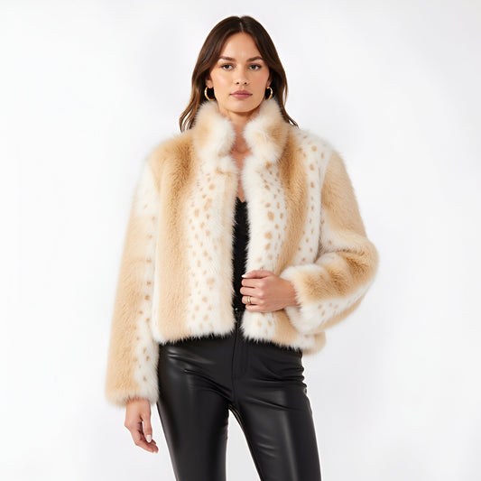 Plush Faux Fur Jacket with Notched Collar and Textured Ombre Finish