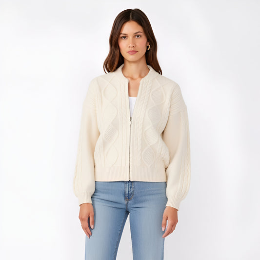 Cable Knit Zip Front Cardigan with Diamond Pattern and Ribbed Trim Balloon Sleeves