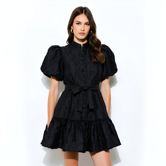 Textured Puff Sleeve Mini Dress with High Neck and Tiered Hem