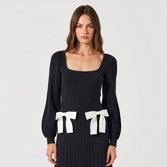 Front Bow Detail Flared Sweater Maxi Dress with Square Neckline and Long Puff Sleeves