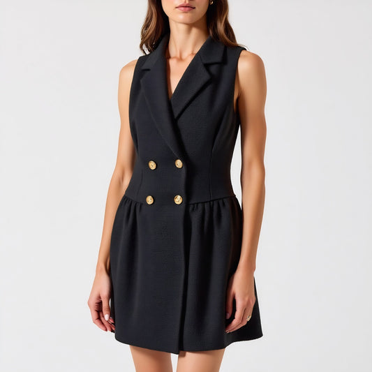 Sleeveless Blazer Dress with Double-Breasted Boucle Tweed and Flared Hem