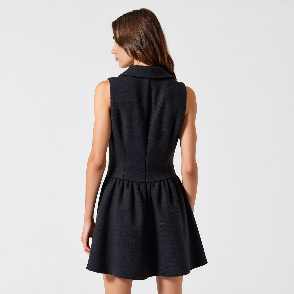 Sleeveless Blazer Dress with Double-Breasted Boucle Tweed and Flared Hem