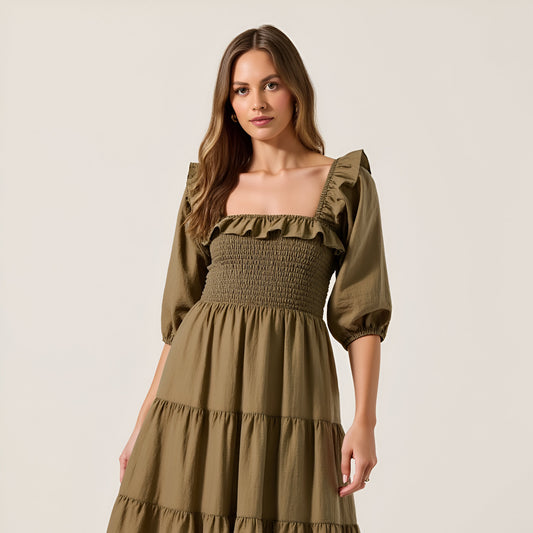 Tiered Maxi Dress with Smocked Bodice and 3/4 Puff Sleeves