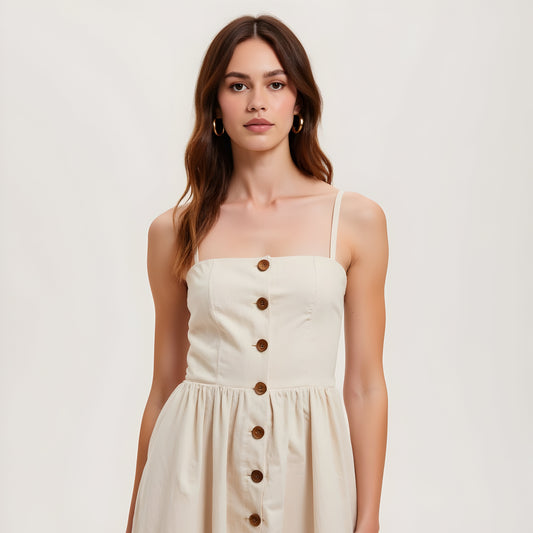 Button Front Midi Dress with Spaghetti Straps and Side Pockets