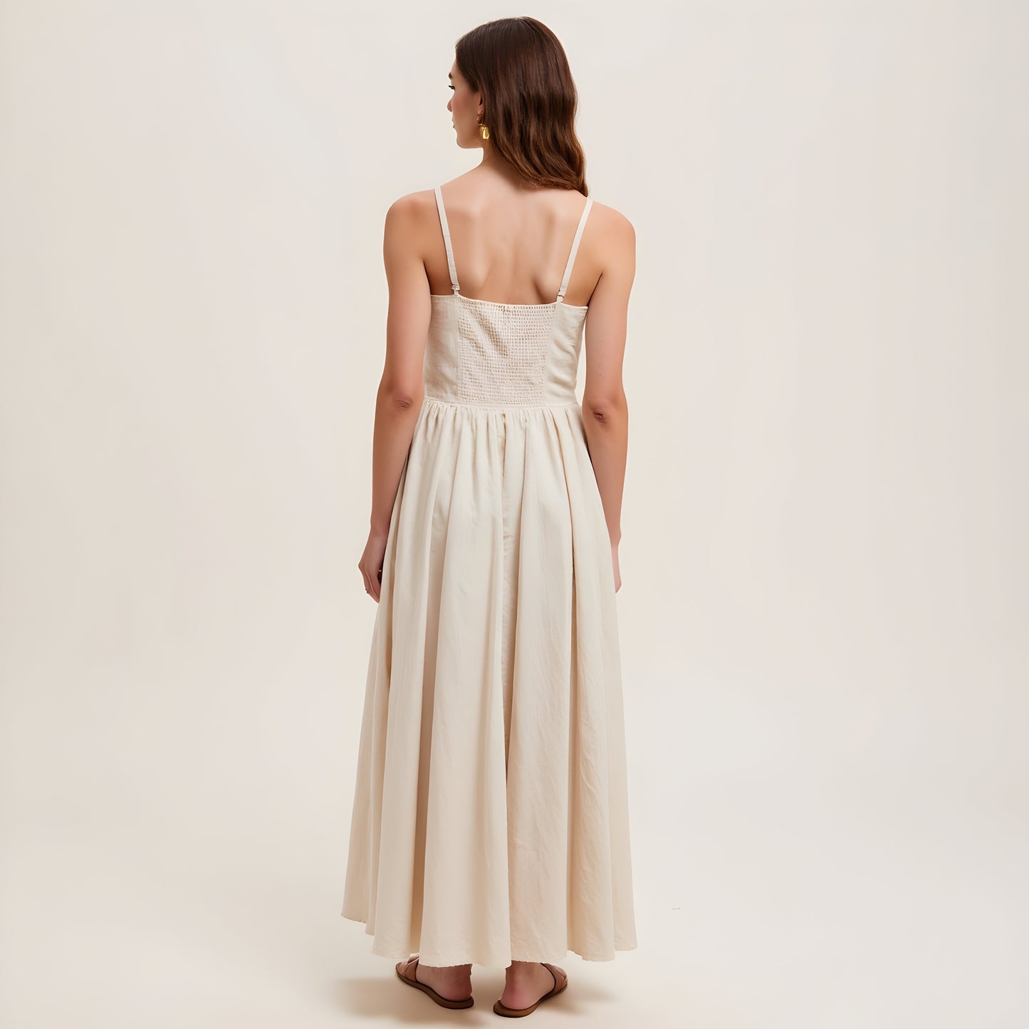 Button Front Midi Dress with Spaghetti Straps and Side Pockets