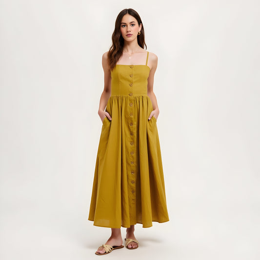 Button Front Midi Dress with Spaghetti Straps and Side Pockets