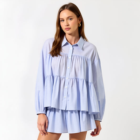 Tiered Button-Up Shirt and Flowy Shorts Set with Subtle Stripe Texture