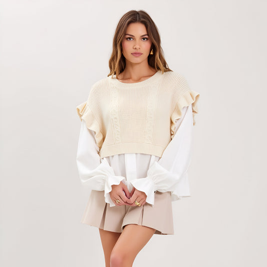 Knitted Vest Blouse with Scoop Neckline, Long Sleeves and Ruffle Detail