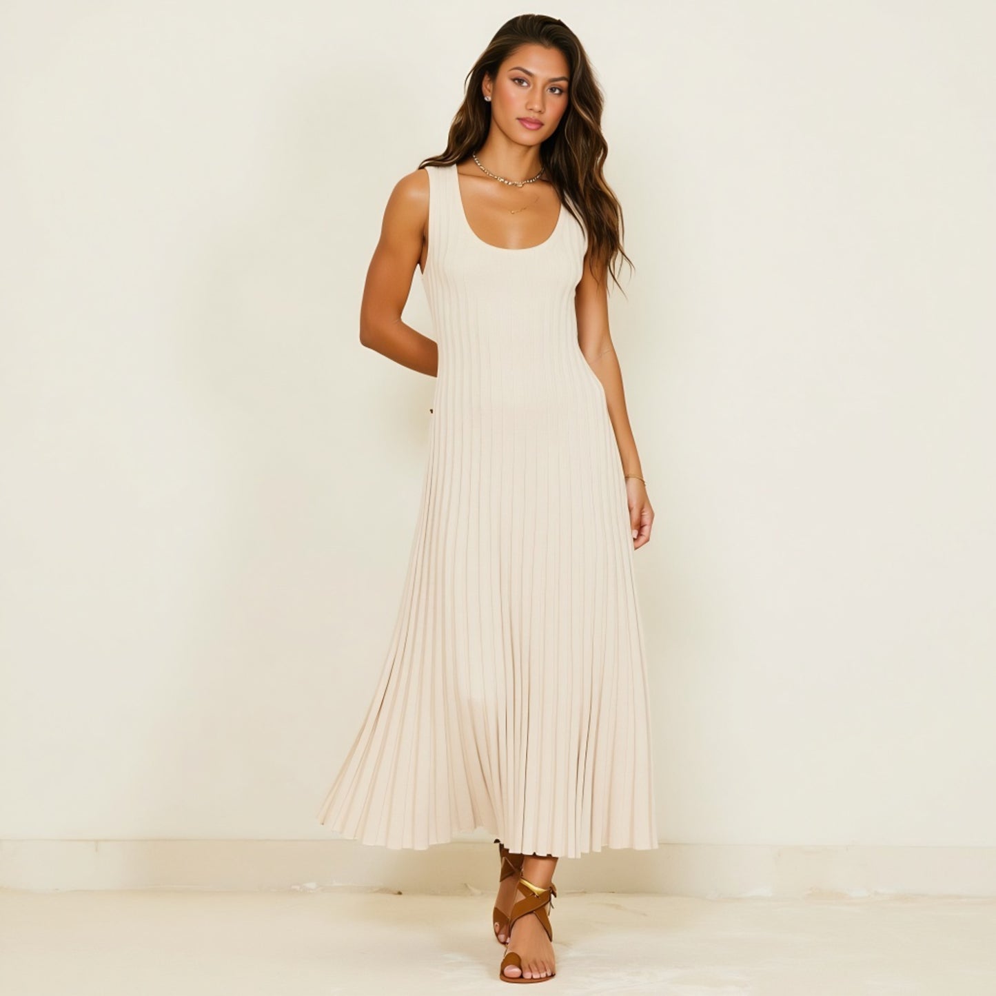Sleeveless Ribbed Knit Midi Dress with Flowy Pleated Hem