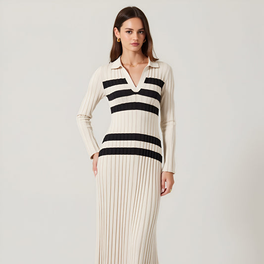 Striped Ribbed Knit Midi Dress with Collar and Long Sleeves